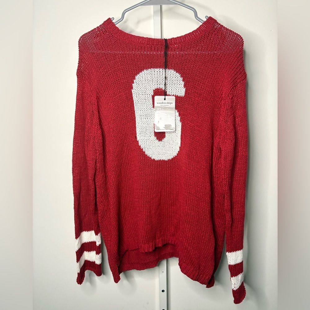 Wooden Ships Red Chunky Knit Varsity Sweater White “6” Striped Sleeves M/L